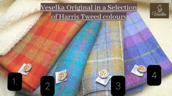 colour guide veselka harris tweed dog coats orange, blue , gold mustard and purple
