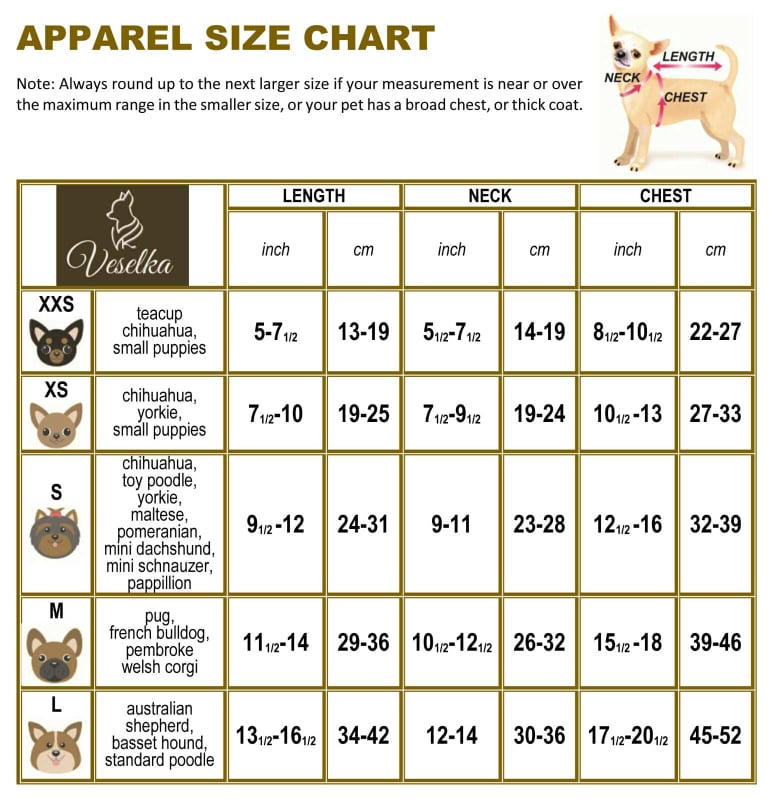 veselka dog clothes coat and harness measurement guide 