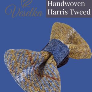 Harris tweed dog bow in gold