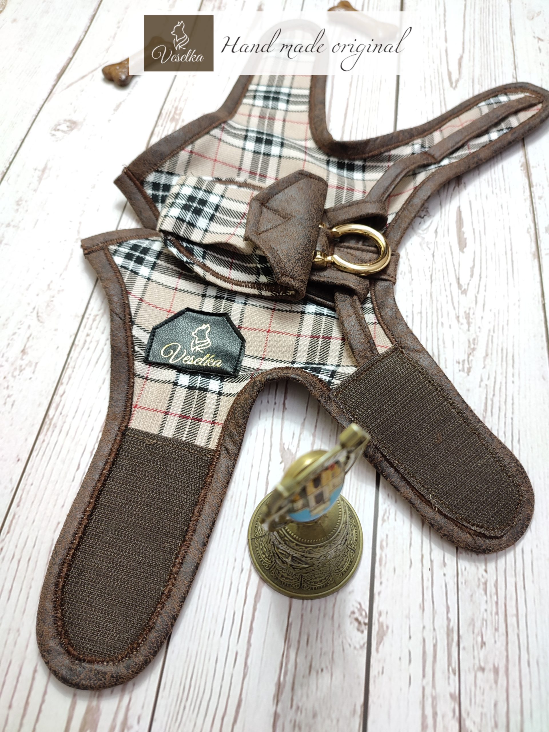 Burberry tartan harness in beige for small dogs including dachshund and french bulldog