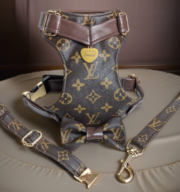 lv designer dog harness collar and leash brown leather
