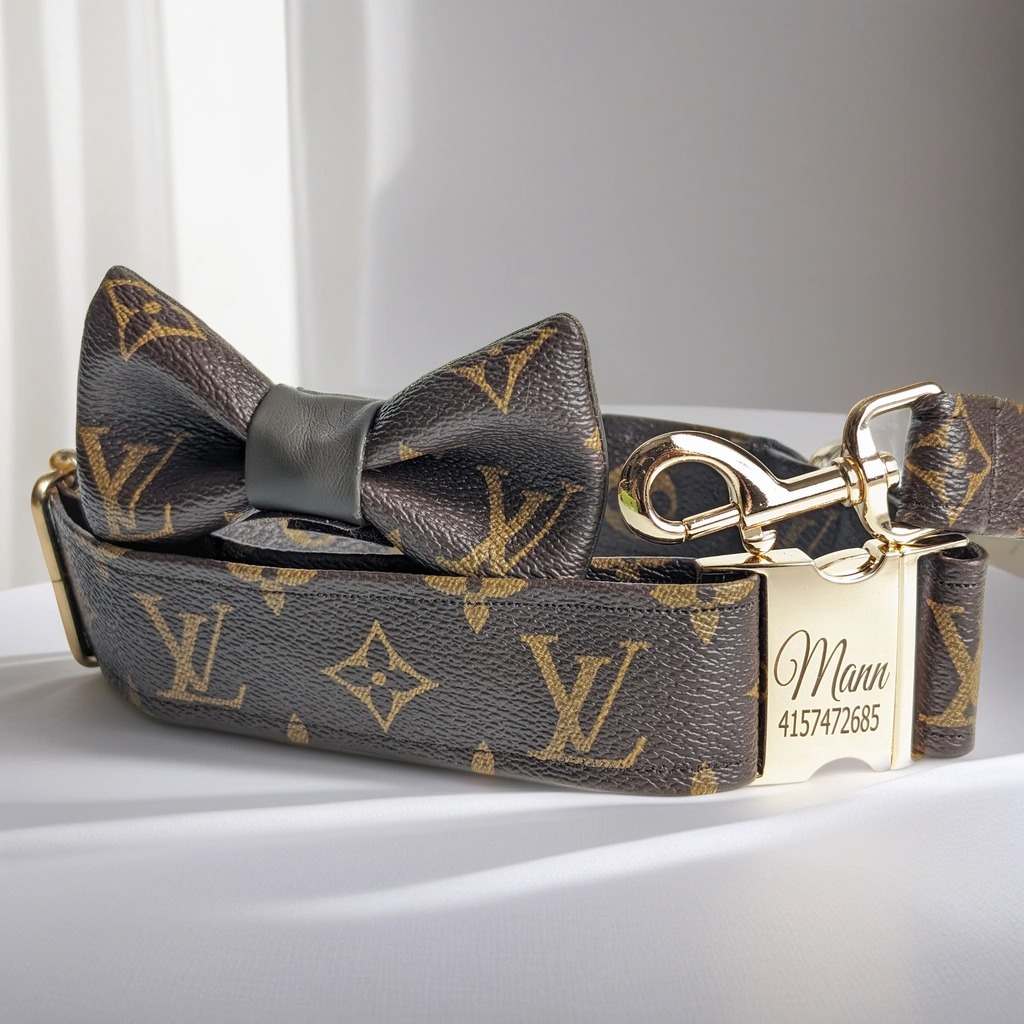 louis vuitton brown leather dog collar. Designer dog, cat and puppy collar in extra large.