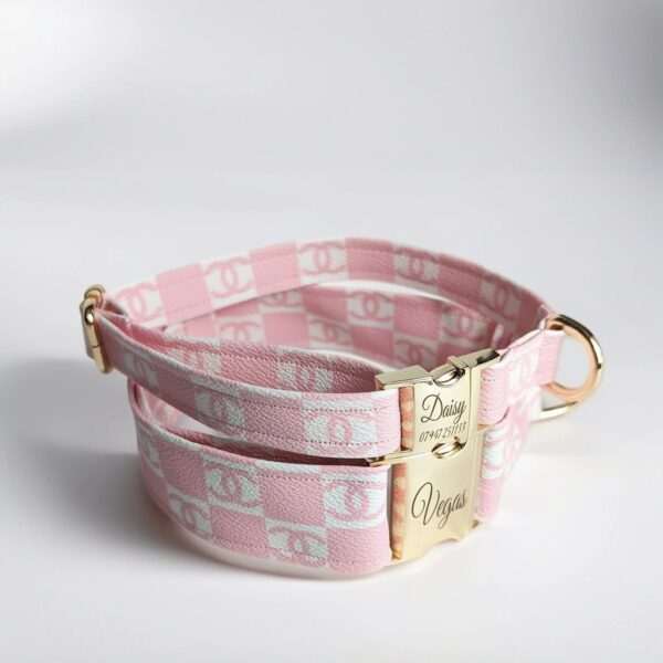 Pink Coco Chanel leather dog collar and leash