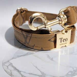 designer small and large dog puppy collar and leash. Handcrafted tan leather.