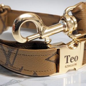 designer small and large dog puppy collar and leash. Handcrafted tan leather.