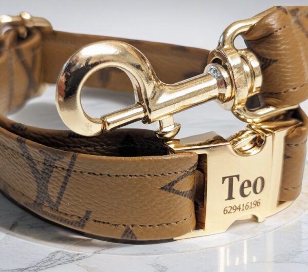 designer small and large dog puppy collar and leash. Handcrafted tan leather.