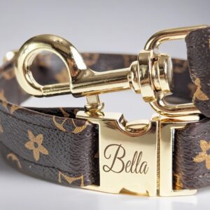 premium l&V designer dog collar. luxury check brown leather dog collar, puppy and cat collar.
