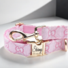 pink Gucci dog harness collar and leash for small and large dogs. designer luxury harness in baby pink.