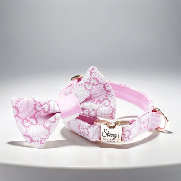 pink Gucci dog collar and leash bow tie for small and large dogs. designer luxury harness in baby pink.