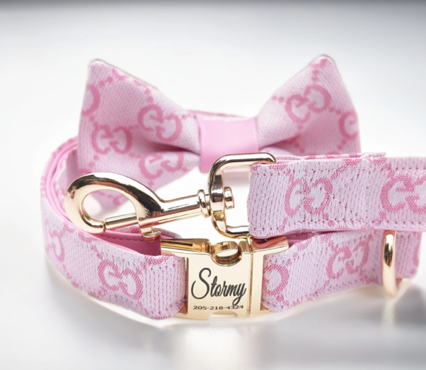 pink Gucci dog collar and leash for small and large dogs. designer luxury harness in baby pink.