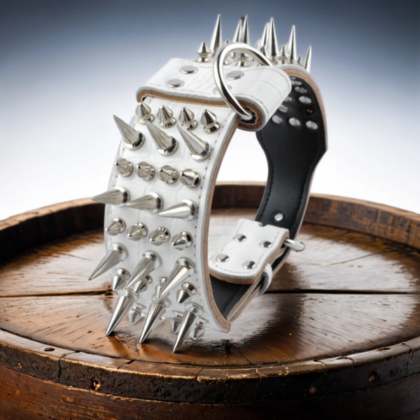 A premium heavy duty white leather spiked dog collar with the wow factor - Extra wide 2 inches.