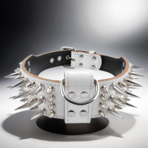 A premium heavy duty white leather spiked dog collar with the wow factor - Extra wide 2 inches.
