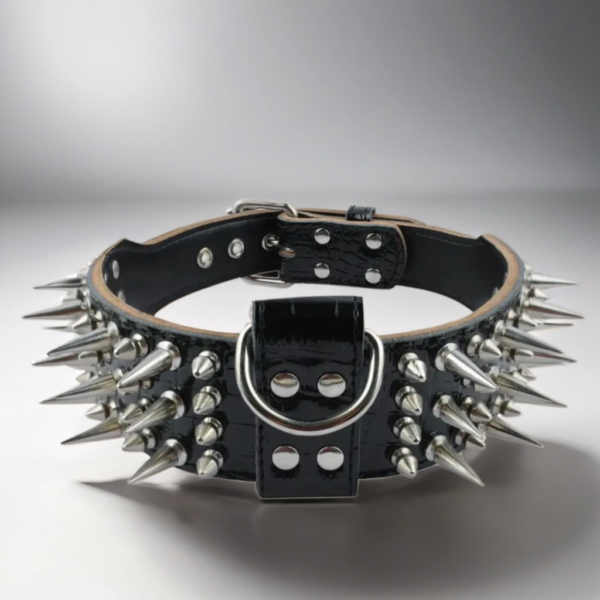 A premium heavy duty black leather spiked dog collar with the wow factor - Extra wide 2 inches.