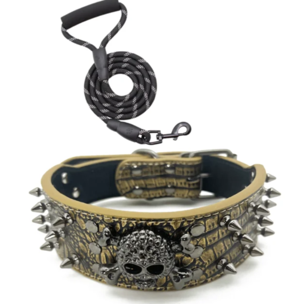 The Grim Reaper - Genuine gold Leather Spiked Skull Dog Collar - Heavy Duty Bully Breed Mastiff - FREE USA shipping - Extra Large.