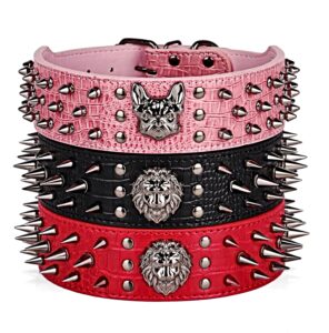 The Artemis - Genuine Red Leather Spiked Pitt Bull Dog Collar - Heavy Duty Bully Breed Mastiff - 2 Inches Wide - Medium - Extra Large.