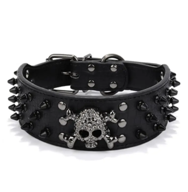 The Grim Reaper - Genuine Black Leather Spiked Skull Dog Collar - Heavy Duty Bully Breed Mastiff - With Skull