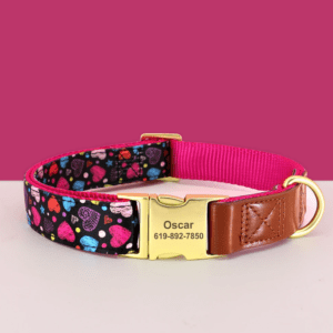 pink blue hearts floral dog puppy collar with leather small medium and large -gift set