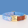 blue pink floral dog puppy collar with leather small medium and large