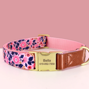 pink blue floral dog collar with leather small medium and large