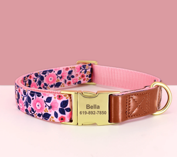 pink blue floral dog collar with leather small medium and large