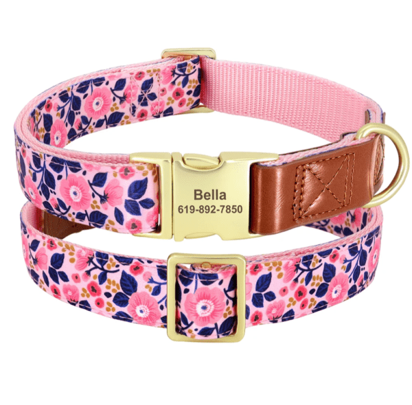 Flower Printed pink blue leather dog collar small medium and large puppy and cat ideal gift