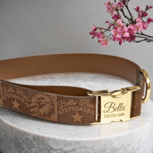 rustic brown leather dog collar small to large with personalization featuring united states eagle and stars and stripes flag,