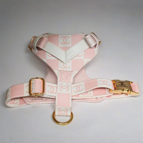 Pink chanel designer luxury dog harness. Leather small medium large. Also nice for puppies and cats.