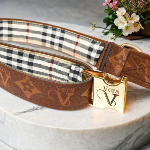 designer leather burberry with LV pattern dog and puppy collar small to large