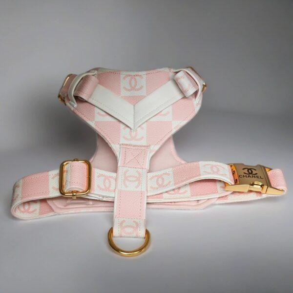 Pink chanel designer luxury dog harness. Leather small medium large. Also nice for puppies and cats.