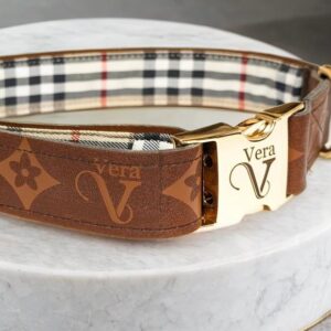 designer leather burberry with LV pattern dog and puppy collar small to large