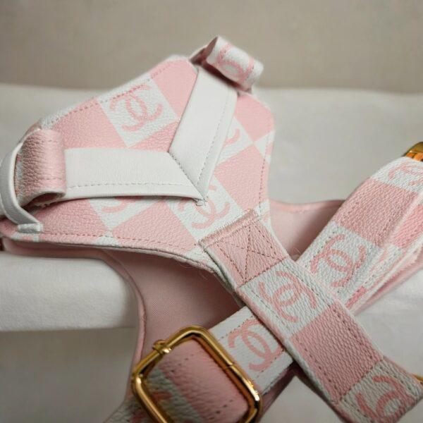 Pink chanel designer luxury dog harness. Leather small medium large. Also nice for puppies and cats.