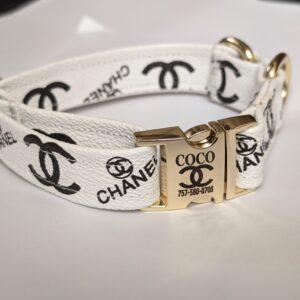 white coco designer luxury puppy collar black leather